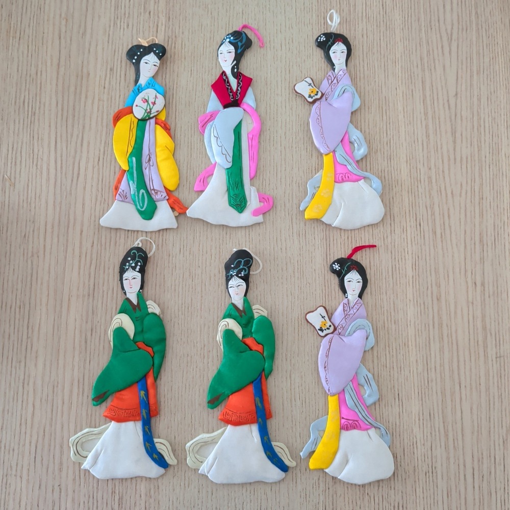 Lillian Vernon Chinese Silk Ladies Ornaments 6 Pc No Box 6" VTG